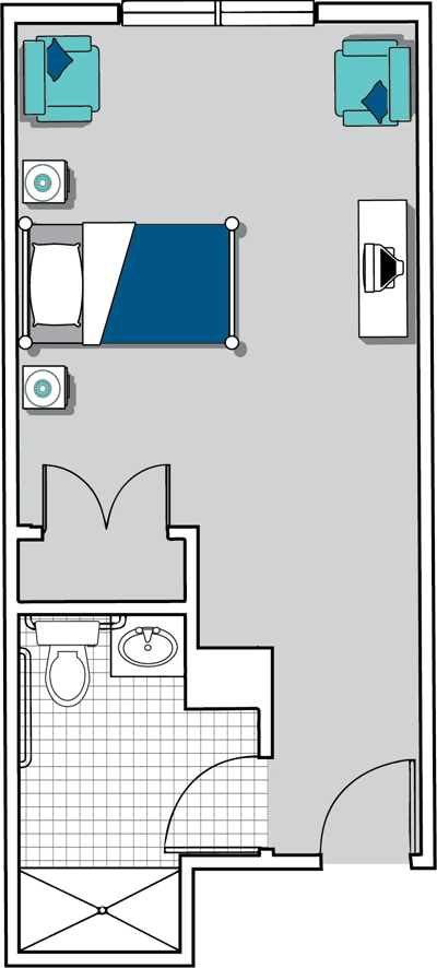Architectural floor plan of a resident room layout