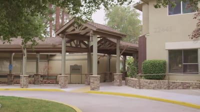 Front entrance of Sunny View Care Center with a covered area