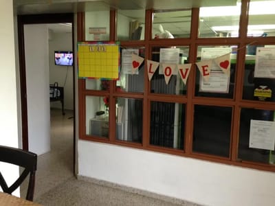 Interior view of a common area with decorations