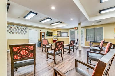 Bright common area with chairs arranged neatly