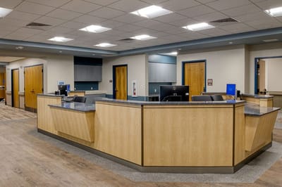 Bright and modern reception area of a nursing facility