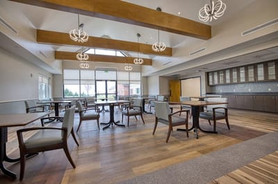 Bright and spacious common area with seating