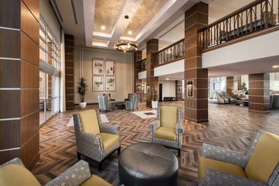 Bright interior common area with seating
