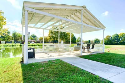 Covered outdoor space by the lake