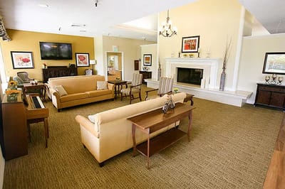 Bright common area with sofas and a fireplace