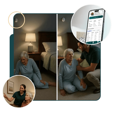 Care staff assisting an elderly woman in a bedroom setting