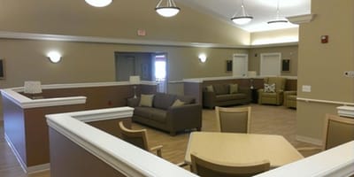 Interior lounge area with seating and decor