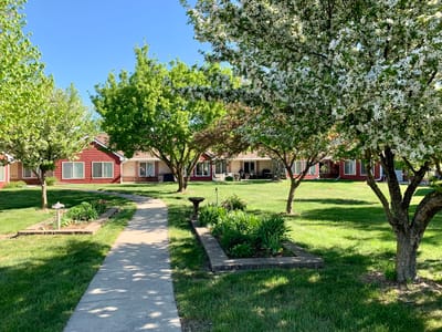 Pathway through landscaped outdoor space at Windsor Oaks