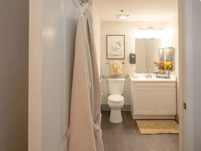 Interior photo of a simple bathroom in a senior living facility