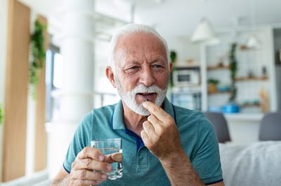 Senior man taking medication with a glass of water.