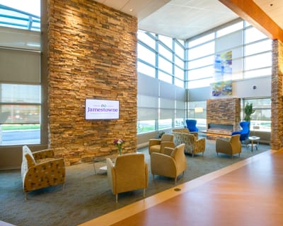 Bright and modern interior common area with seating