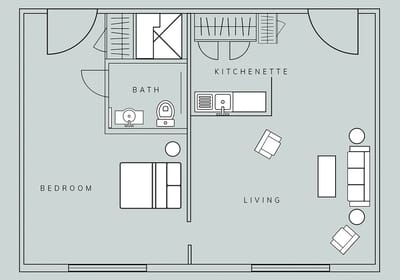 Architectural floor plan of a senior living unit
