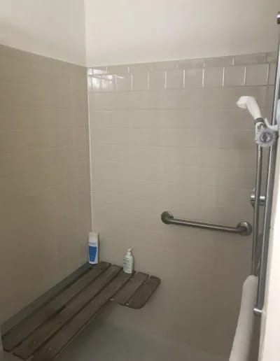 Accessible shower space in a facility bathroom