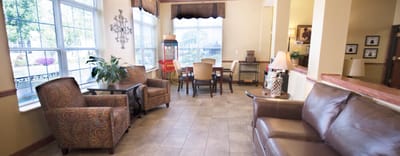 Interior lounge area with seating and tables