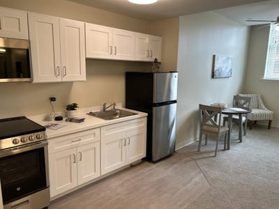 Interior view of a small kitchen and dining area