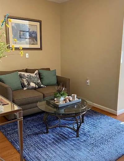 Cozy living area with a sofa and decorative elements