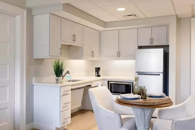 Bright interior kitchen and dining area