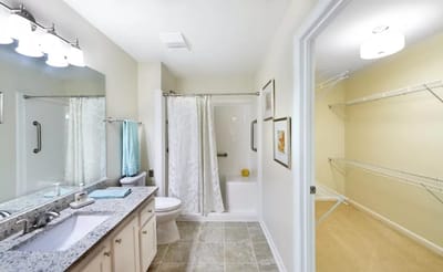 Well-lit bathroom with granite counter and storage space
