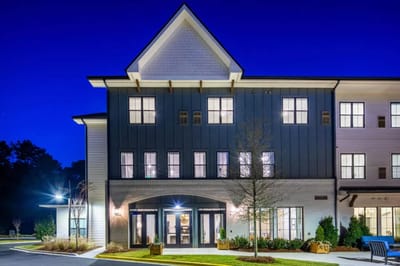 Exterior view of Longleaf Liberty Park at night