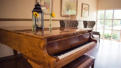 Interior view of a piano in a cozy common area