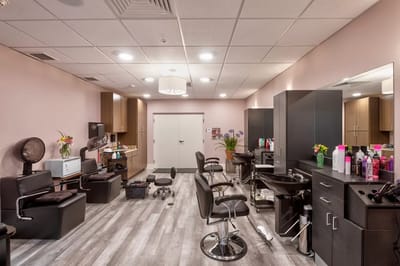 Interior of a hair salon with styling chairs