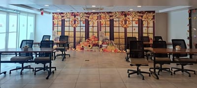 Interior of a common area decorated with a seasonal backdrop