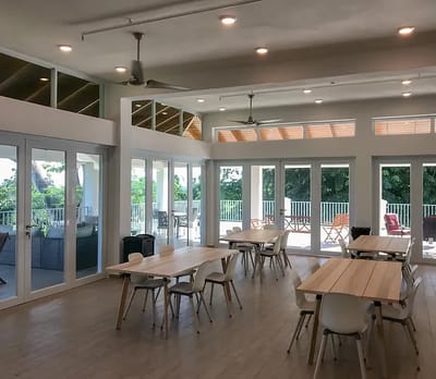 Bright and airy interior space with large windows