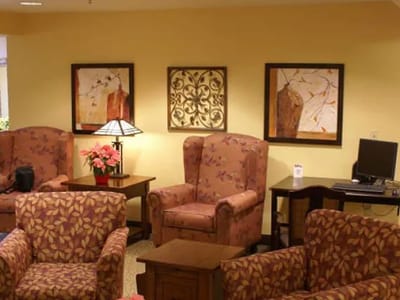 Cozy seating area with floral-patterned chairs