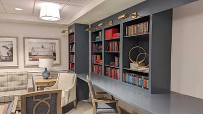 Cozy reading area with bookshelves and seating