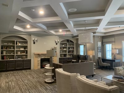 Interior common area with seating and fireplace