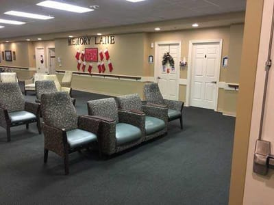 Interior view of a common area with seating and decorations