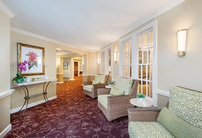 Bright and welcoming interior common area with seating