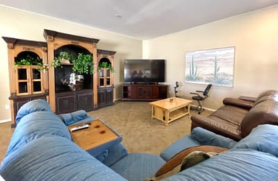Interior view of a cozy common area with seating