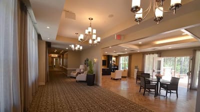 Bright interior common area with seating