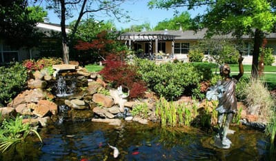 Outdoor garden area with water features and sculptures