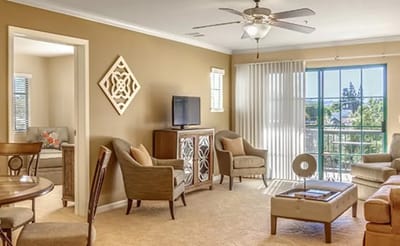 Cozy and well-furnished living room in a senior living unit