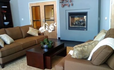 Cozy lounge area with sofas and a fireplace