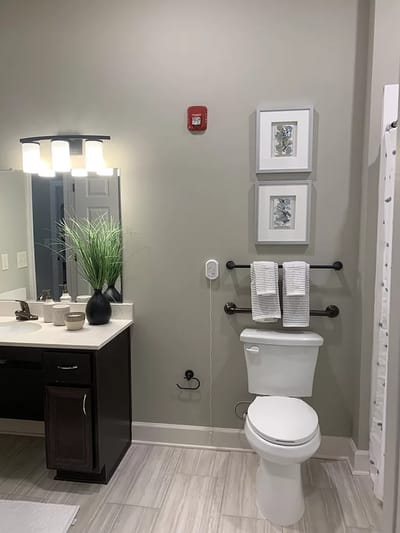 Bright bathroom with modern fixtures and decor