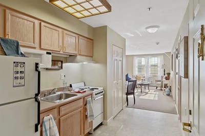 Well-lit interior kitchen in a senior living facility