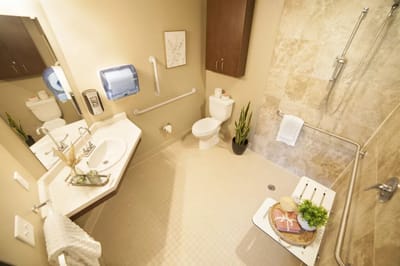 A clean and well-lit bathroom space