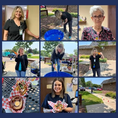 Staff members engaging in various activities at Abbotsford Health Care Center, including fishing games and food preparation.