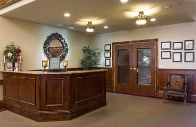 Interior view of the reception area with wooden decor