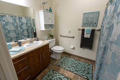 Brightly decorated bathroom with turquoise accents