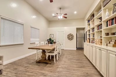 Light and spacious dining area with wooden table