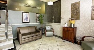 Interior view of the facility lobby with seating