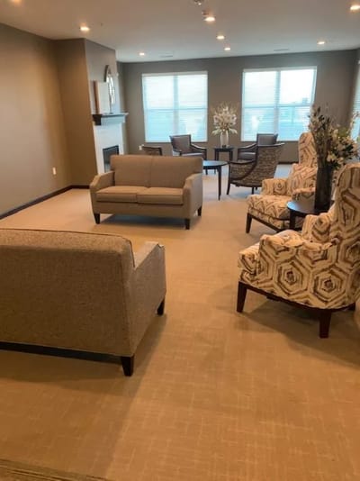 Interior lounge area with seating and decorative accents