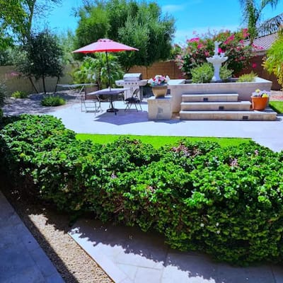 Peaceful outdoor garden with seating and shade