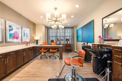 Hair salon interior with modern decor and lighting