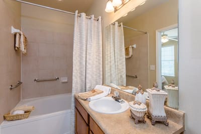 Brightly lit bathroom with elegant decor