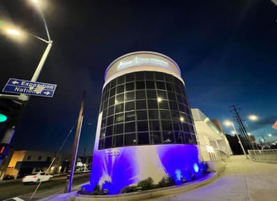 Exterior view of Arosa Los Angeles building at night